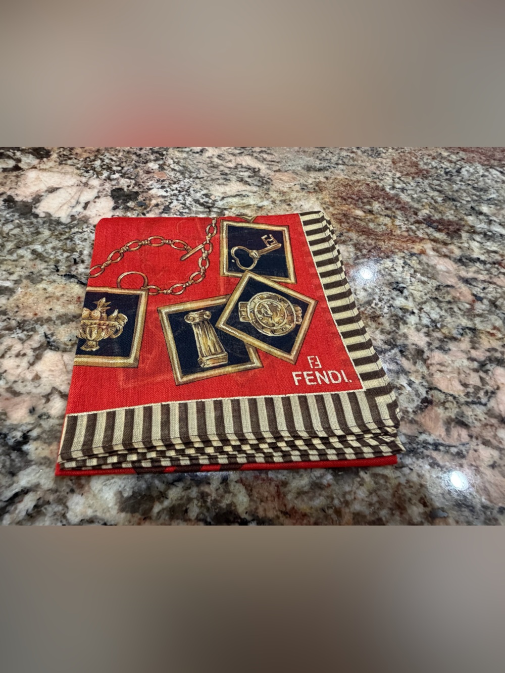 Fendi Red Chain & Medallion Pocket Square with Brown Striped Border